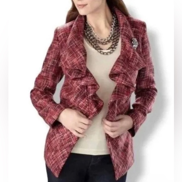 Chicos Jacket Womens 2 Blazer Ruffle Woven Tweed Magenta Pink Multicolored Lined - Picture 1 of 8